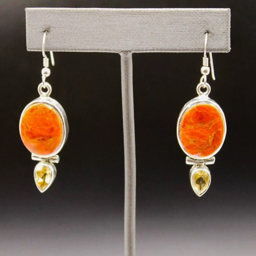 925 Sterling Silver Sponge Coral Citrine Double Gem Drop Dangle Earrings